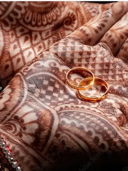 A similar composition focusing on the wedding rings, perfect for social media or website banners. The detailed henna and bangles provide a rich cultural context for the jewelry.