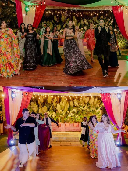 The perfect setting for a pre-wedding cocktail party or sangeet night. The lawn provides ample space for a dance floor, while the surrounding trees, lit with elegant chandeliers and string lights, create a festive and celebratory atmosphere.
