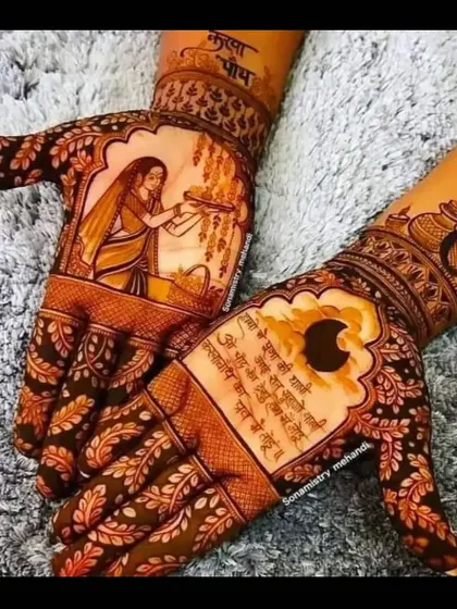 A classic Karva Chauth mehandi with a portrait of a woman holding a thali and a prayer written in Hindi script. The design also features a sieve and water pot (karva).