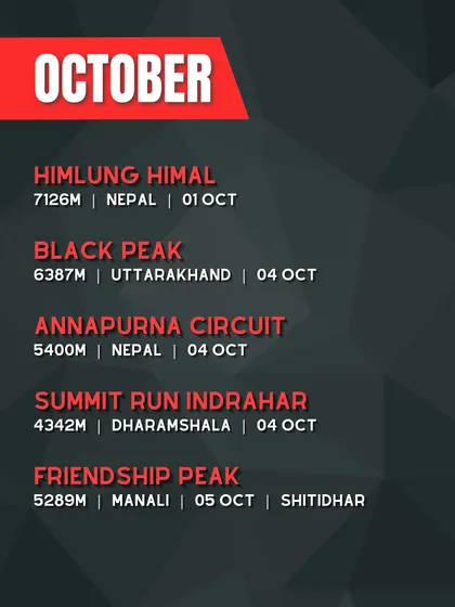 Our trek calendar for October 2025. A prime month for climbing in the Himalayas, with expeditions to Black Peak, Friendship Peak, and the Annapurna Circuit.