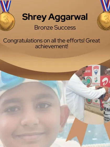 Young champion Shrey Aggarwal with his Bronze medal in the 50m Breaststroke. His composure and competitive spirit are remarkable.