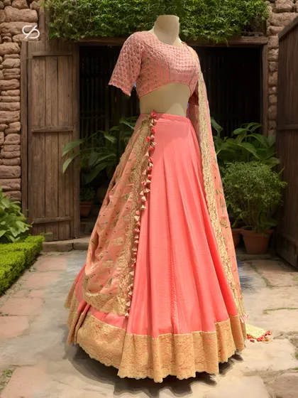 Radiate understated grace in this bespoke peach lehenga. The ensemble, with its delicately embroidered blouse and flowing skirt, is a timeless embodiment of subtlety.