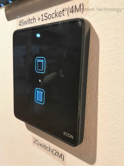 A close-up of a compact 2-switch Xeon panel, perfect for controlling specific functions like curtains or blinds. This was part of our hands-on display at an industry expo.