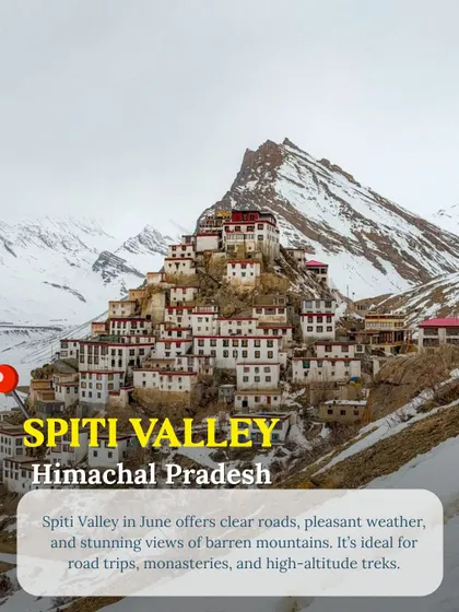 The iconic Key Monastery in Spiti Valley. In June, the roads are clear, making it the perfect time for a road trip to explore these high-altitude monasteries and barren mountains.