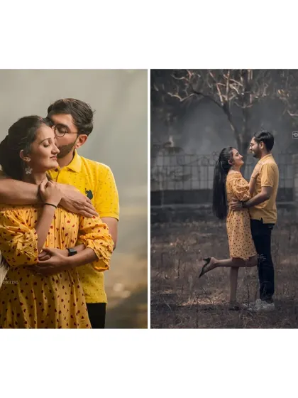 A diptych showing the couple's chemistry. The left image is a tender embrace, while the right shows a more playful, full-length pose.