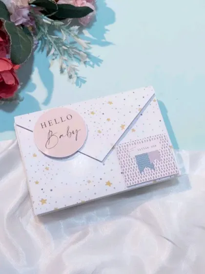 A sweet and simple "Hello Baby" envelope, perfect for including in a mom-to-be or new baby gift hamper.