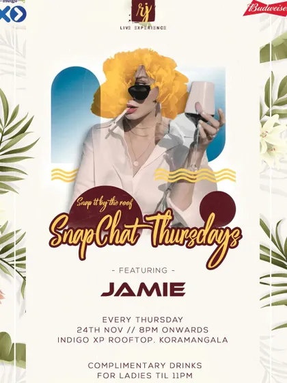 Another promo for "Snapchat Thursdays," emphasizing the fun, carefree vibe of snapping photos and enjoying the music on a beautiful rooftop.