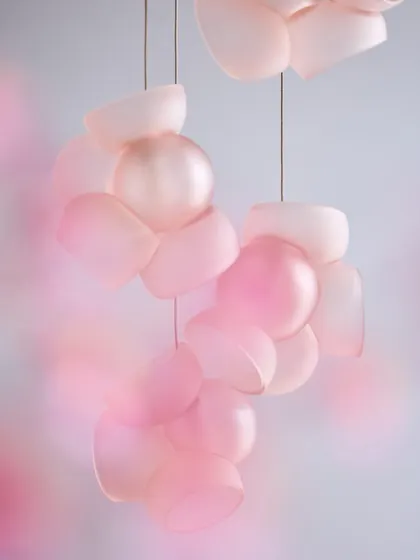 A dreamy, soft-focus shot of the pink Bocci 100 pendants, emphasizing their cloud-like appearance and gentle glow.