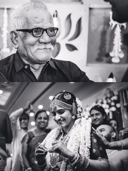 A powerful black and white collage showing a grandfather's emotional reaction to his granddaughter's wedding. These are the priceless family moments we are honored to capture.