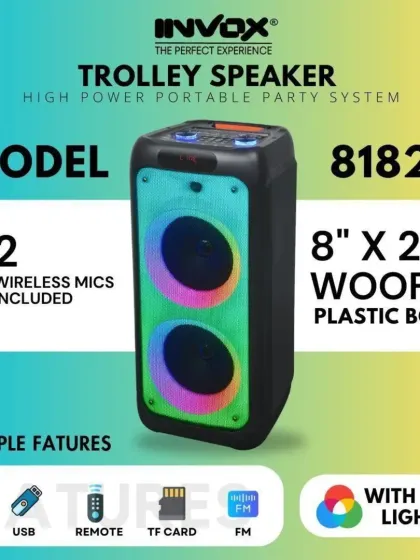 My model 8182 portable party system features two 8-inch woofers and vibrant RGB lights. It's an all-in-one solution with Bluetooth, USB, remote, and two included wireless mics.