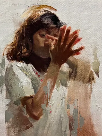 This oil painting, which received the Maharashtra State Art Award, captures a moment of self-conversation. The hands partially obscure the face, suggesting an internal dialogue and the complexities of youthful emotion.
