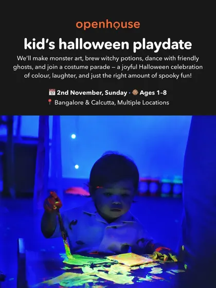 This poster for our kid's Halloween playdate invites little ones to make monster art and brew witchy potions. The image of a child doing glow-in-the-dark painting gives a peek into the unique sensory fun.