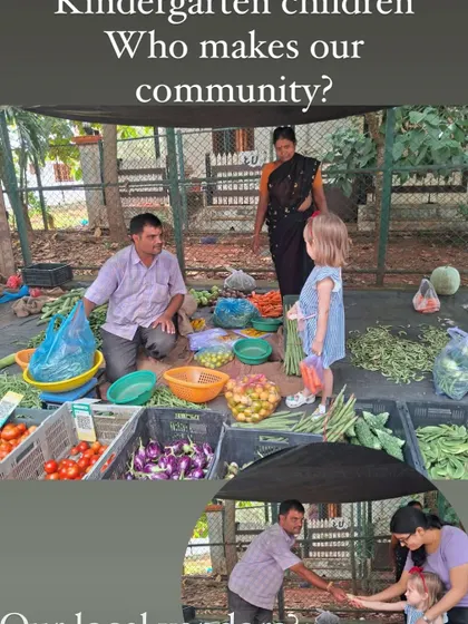 A child interacts with the local vegetable vendor, learning about buying and selling in a real-world context.