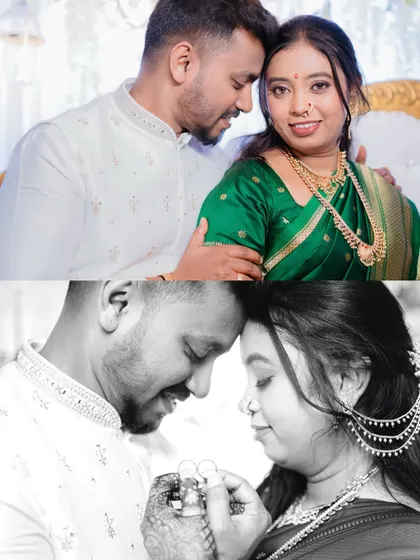 A color and black-and-white diptych of the couple. This shows the same tender moment in two different styles, offering both vibrant and timeless perspectives.