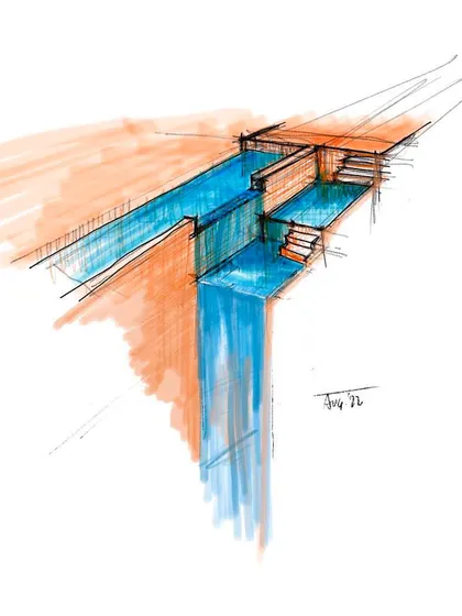 This sketch visualizes the "Waterfall" concept, a three-story wall of water cascading from a rooftop infinity pool, which forms the core idea of the residence.