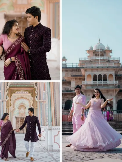 This couple opted for multiple outfit changes against Jaipur's historic architecture, from a rich magenta saree to a flowing pink gown, showcasing different facets of their style.