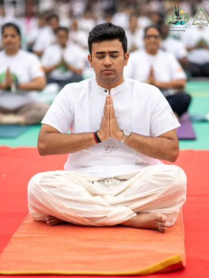 Shri Tejasvi Surya in a moment of quiet reflection during our Yoga Arambha celebration. His participation underscores the event's theme of "Yoga for one earth, one health."