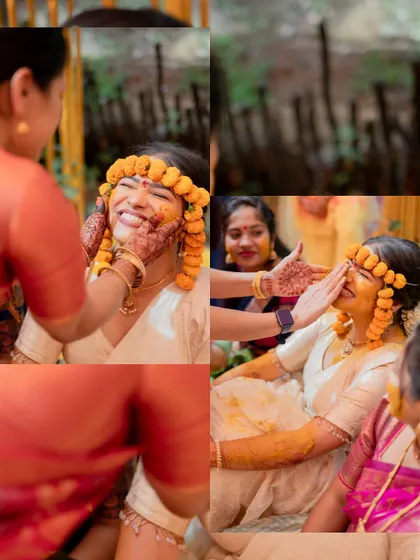 A collage of close-up shots showing the bride's family lovingly applying haldi to her face, full of smiles and laughter.