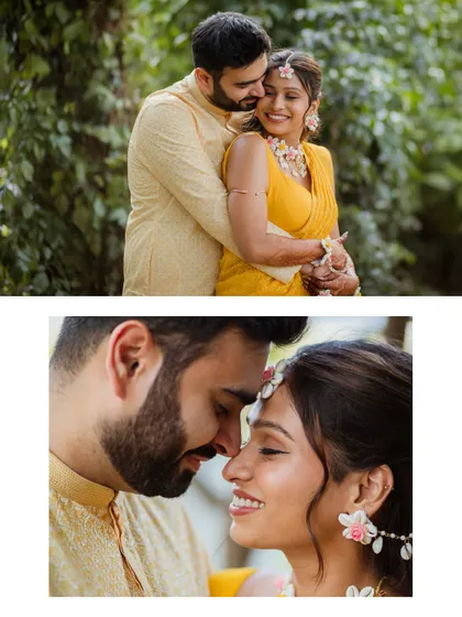 Two frames showing the couple's tender moments during their Haldi shoot. The top frame shows a warm embrace, while the bottom is a close-up of their affectionate expressions.