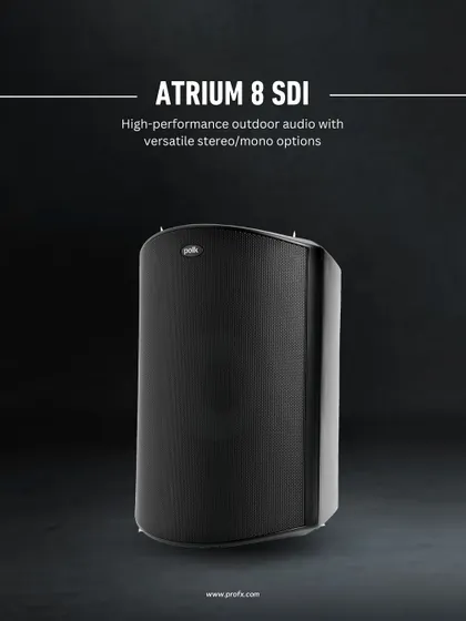 The Polk Atrium 8 SDI is our flagship single-speaker stereo solution for outdoor audio. It provides high-performance sound with versatile stereo or mono options, making it an excellent choice for covering large outdoor zones with rich, detailed audio.
