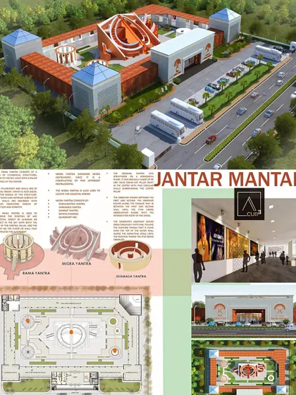 Our proposed design for "Jantar Mantar," a project to promote astro-tourism in Bihar. The concept revolves around the Vastu Purusha Mandala and the work of ancient astronomer Aryabhatta, creating a space for education and celestial study.