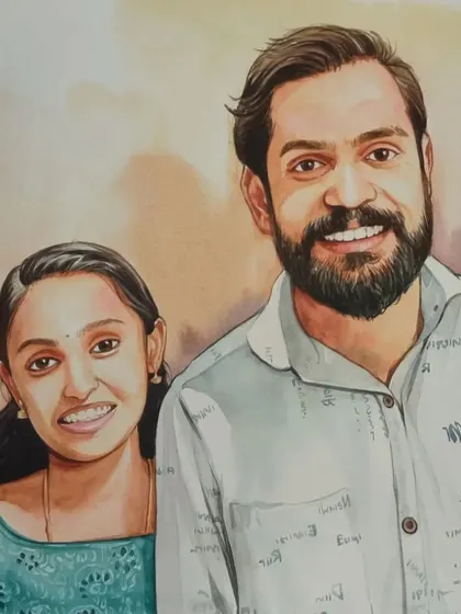 A delicate watercolor portrait of a couple. The soft tones and gentle blending create a very romantic and artistic feel.