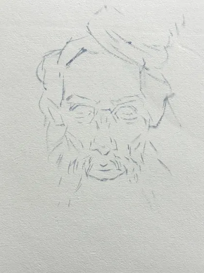 A very basic initial line sketch for a portrait, establishing the core features and proportions.