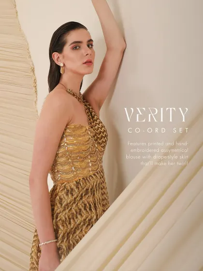 The Verity co-ord set is for the modern woman with tradition in her heart, captured here in a stylish portrait.