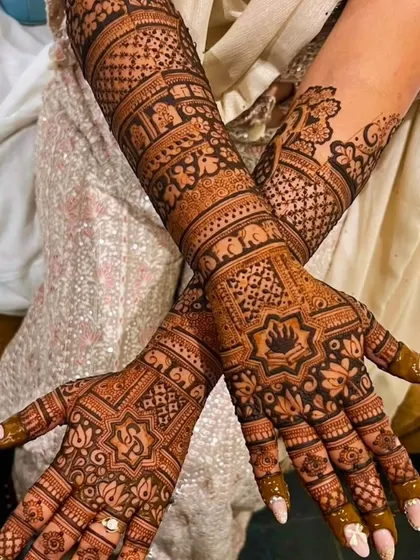A beautiful example of full-coverage mehndi with intricate jaali work and floral patterns. The design is dense and covers the hands completely.