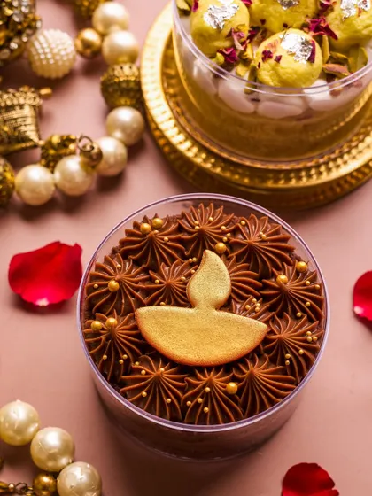 For Diwali, I give my bestselling Belgian Milk Chocolate Cake Tub a festive makeover with an edible gold diya and gold sugar pearls.