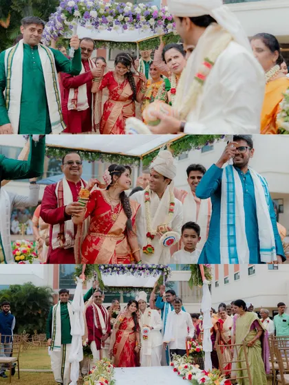 A collage of candid moments from A & N's wedding ceremony, showing the couple's interactions with their family and the joyful atmosphere of the day.