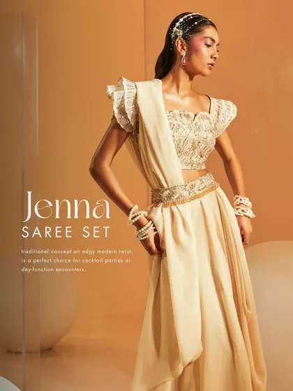 The Jenna Saree Set, a perfect choice for day functions or cocktail parties, giving a traditional concept an edgy and modern twist.