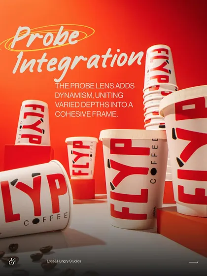 Using a probe lens for this Flyp Coffee shoot allowed us to create a unique perspective with varied depths. This technique unites the different elements into one cohesive and dynamic frame, offering a view that feels immersive.