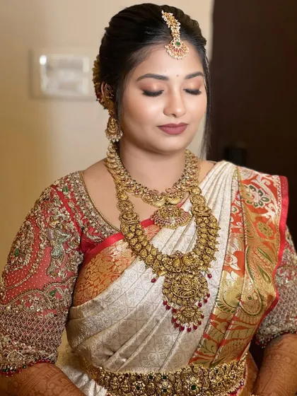 A close-up view shows the soft, blended eyeshadow and perfectly defined matte lip. In my course, you will get hands-on practice to perfect these essential techniques for a polished bridal finish.