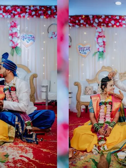 A collage of sweet moments from the wedding ceremony, including a kiss on the cheek.
