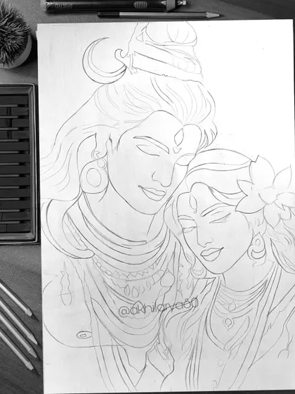 The initial outline sketch for my popular Shiva and Parvati artwork. Every detailed color portrait begins with a carefully drawn graphite foundation like this one.
