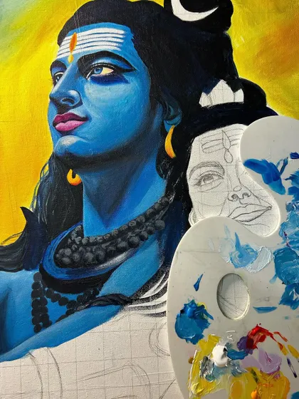 A work-in-progress shot of the Shiv Parvati painting. You can see Lord Shiva's face is nearly complete while the rest of the canvas is still being sketched out.