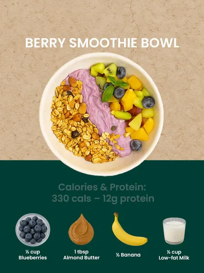 Our Berry Smoothie Bowl is a refreshing and antioxidant-rich breakfast. It's a blend of blueberries, banana, and almond butter, topped with granola and fresh fruits.
