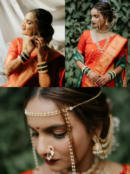 A closer look at the intricate details of our Maharashtrian bride's look, from her traditional 'nath' to her beautiful 'mundavalya'.