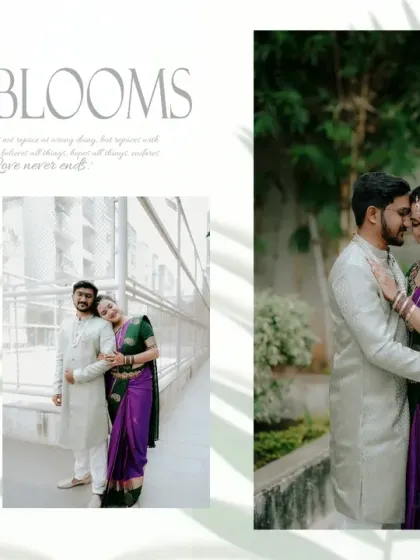 A beautifully designed collage with a "Love Blooms" theme, showcasing the couple's tender moments and coordinated traditional outfits.