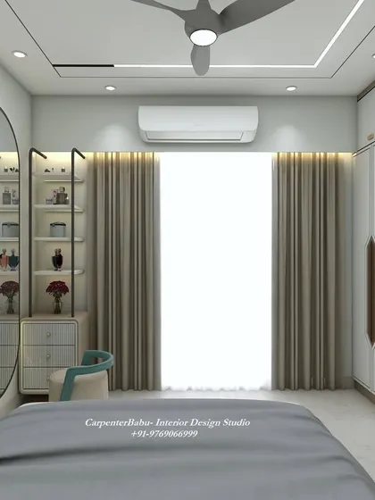 A bedroom with a beautiful dressing corner, featuring a large oval mirror with backlighting and stylish open shelves for display.