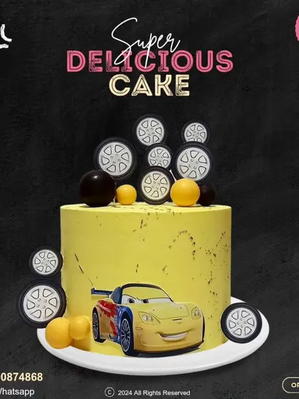A sleek and modern take on a Disney Cars theme. This yellow cake is decorated with a cool car character and wheel motifs, perfect for a stylish little racer's birthday celebration.