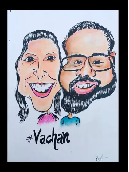 A couple caricature with their special hashtag, #Vachan, making it a truly personalized piece.