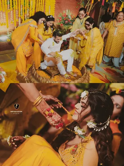 A collage showing both the bride and groom during their individual Haldi ceremonies, a beautiful tradition of being blessed by family.