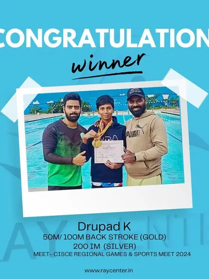 Drupad K. with his coach after winning gold in backstroke and silver in the IM at the CISCE Regional Games. His selection for the national meet is a huge accomplishment.