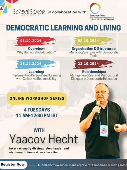 The poster for our online workshop series with Yaacov Hecht, inviting people to explore democratic learning and foster dialogue across generations.