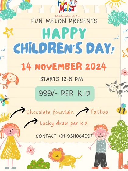My Children's Day celebration poster, announcing special treats like a chocolate fountain, tattoos, and a lucky draw.