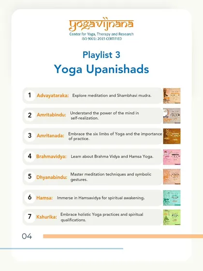 A graphic showcasing the first part of Playlist 3: Yoga Upanishads, including Advayataraka, Amritabindu, and Dhyanabindu.