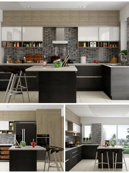 A collection of three kitchen perspectives, showing a dark-themed design with an island breakfast counter, stone-textured backsplash, and a mix of wood and white cabinets.