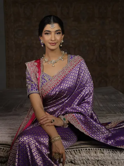 The full look, showcasing the magnificent Banarasi saree and the graceful, poised final result.